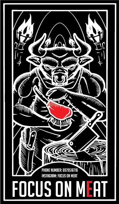 Focus on mEat emblem, a woodcut-style bull holding a cleaver over a cutting board, flanked by two torches